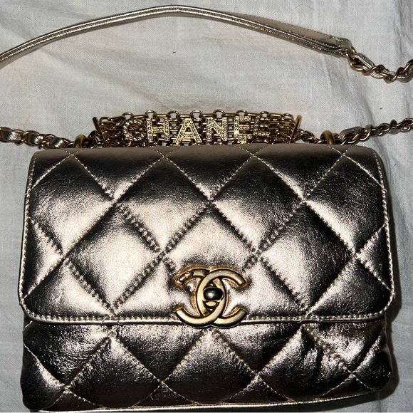 CHANEL (SOLD)Crystal Logo Letters Chain Handle Flap Quilted Lambskin Mini💎 - Picture 13 of 14
